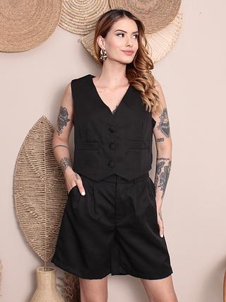 Conjuntos 2 pcs colete e shorte Social Tecido Tecido Alfaiataria shorte tres com Elástico,bolso fake tem botao 3